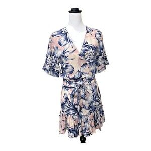 Stillwater Women's Pink Blue Ruffle V Neck‎ Wrap Mini Summer Dress Size S